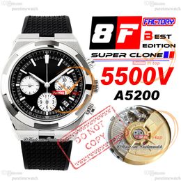 8F Overseas 5500V A5200 Automatic Chronograph Mens Watch 42.5mm Steel Case Black White Stick Dial Rubber Strap Super Edition Watches Puretimewatch Reloj Hombre