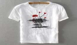 Men039s TShirts Men Summer Fashion Cotton Linen Stitching Classical Casual Red Rose Embroidery Short Sleeve Oneck White Tees 5696241