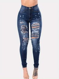 Women's Jeans Blue Ripped Holes Skinny Jeans Distressed High Waist Slim Fit Slash Pockets Denim Pants Womens Denim Jeans Clothing