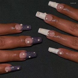 False Nails 24Pcs French Fake With Pearl Design White Purple Edge Full Cover Press On Square Super Long Nail Art Tips