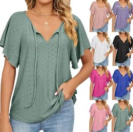 Women's T Shirts Solid V-neck Lace Up Short Sleeve Loose T-shirt Top For Women