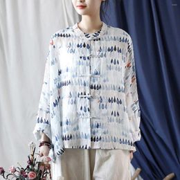 Women's Blouses Johnature Women Chinese Style Ramie Shirts Print Floral 2024 Autumn Long Sleeve Button