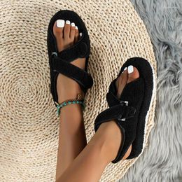 Sandals 2024 Fur Women Thick Flat Shoes Outdoor Fashion Casual Beach Ladies Open Toe Plus Size