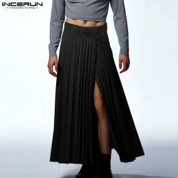 Pants INCERUN 2023 Men Skirts Pleated Solid Zipper Fashion Casual Unisex Irregular Skirts Pants Streetwear Loose Split Men's Bottoms