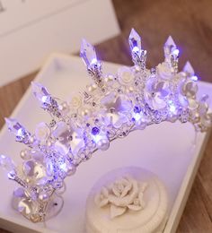 2017 New Baroque Handmade LED Tiara Women Crystal Floral Headdress Pearls Rhinestone Light Crowns Wedding Hair Accessories HG126 S7823493