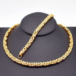 6MM width Mens Gold Colour Chain Stainless Steel Necklace Bracelet set Flat Byzantine fashion jewelry228j