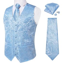 Fashion Light Blue Paisley Silk Vests for Men with Tie Handkerchief Cufflinks Business Wedding Party Waistcoat Tuxedo Vest 240228