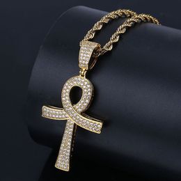 18K Gold and White Gold Plated Diamond Ankt Key of Life Cross Pendant Chain Necklace Cubic Zirconia Hip Hop Rapper Jewelry for Men280A