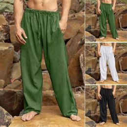 Men's Pants Men Drawstring Elastic Waist Wide Leg Loose Deep Crotch Solid Colour Pockets Soft Breathable Long Trousers