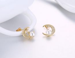 2017 New High Quality Lady Gold Earrings Romantic Moon Pearl Earrings Ladies Fashion Zircon Party Earrings Jewelry1453482