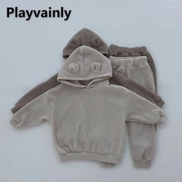 Clothing Sets Korean Style Spring Autumn Girl Boy Cute 2pcs Set Solid Long Sleeve Hooded Sweatshirts Casual Pants Children Clothes E23243