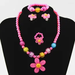 Necklace Earrings Set Children's Resin Bracelet 4pcs Ring Girl Plastic Flower Shaped Jewelry Wholesale