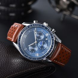 Luxury Mens Watches Quartz Movement All Dial Work Chronograph Stopwatch Leather Strap Splash Waterproof Designer Watch Luminous Sports Clock Montre De Luxe