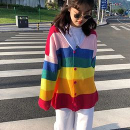 Autumn Spring Harajuku Knit Cardigan Women Striped Rainbow Sweater Coat Female Loose Sweaters Letter Embroidery Jumper Cardigans 240219