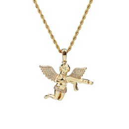 Top Quality Jewellery Zircon Gold Silver Cute Angel Baby Carry Gun Stuff Pendant Necklace Rope Chain for Men Women234M