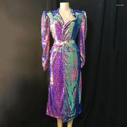 Stage Wear Glitter Purple Sequins Long Dress Coat Bar Nightclub Women Performance Singer Concert Dance Costume
