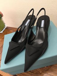 2024 Women sandal low heel Triangle Brushed leather slingback black leather pointe toe sling back designer pumps rubber sole high heels shoe with box 35-42