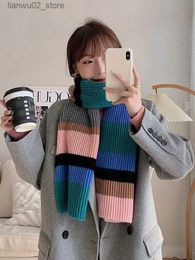 Scarves Winter Contrast Color Rainbow Knitted Striped Scarf Korean Outside Cold-proof Men and Women Couple Scarf Luxury Designer Hijab Q240228