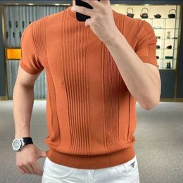 Men's T-Shirts New Summer Mens Knitted Ice Silk T-shirt High Quality Solid Jacquard Stripe Short Sleeve O-Neck Tee Top Mens Thin Slim Fit T-shirt J240228