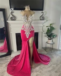 Uniques Pink Mermaid Prom Dresses 2024 Beaded Crystal Birthday Party Gown Side Split Velvet robe de soiree