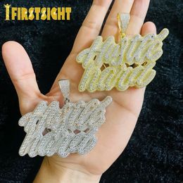 Iced Out Bling Cursive Letters Hustle Hard Pendant Necklace CZ Zircon Silver Color Letter Charm Mens Women Hip Hop Jewelry 240226