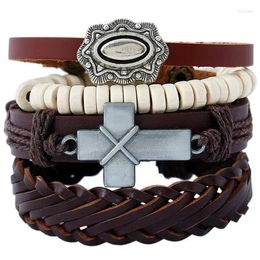 Charm Bracelets Alloy Cross Beads Set Brown Braided Rope Genuine Leather Bangles Wrap Wristbands Vintage Fashion Hiphop Jewelry