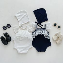 Sets 2023 Korean Summer Infant Baby Girl Onesie Swimwear Cotton Lace Short Sleeve Simple Versatile Toddler Girls Swimsuit Include Hat