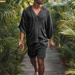 Men's Tracksuits 2-piece/set mens summer cotton linen shirt set loose casual top short sleeved Pyjamas comfortable and breathable beach shorts Q240228