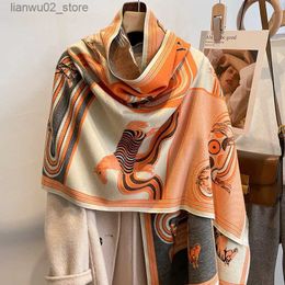 Scarves Luxury horse printed thick blanket cashmere scarf for womens imitation cashmere winter shawl bag Echarpe Bufanda Neckerchief womens Q240228