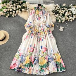 Casual Dresses Gorgeous Flower Blooming Maxi Dress Women's Stand Lantern Sleeve Single Breasted Floral Print Belt Lace Up Linen Long