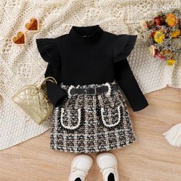 Clothing Sets Girls Autumn Winter Kids Clothes Solid Long Sleeve Semi-high Collar Top With Skirt Fashion Children Set