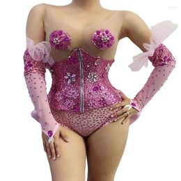 Stage Wear Pink Rhinestone Sequin Transparent Bodysuit Gloves Bow Belt Birthday Celebrate Outfit Prom Women Dancer Show #