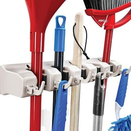 Mop And Broom Holder Garage Storage Systems with 5 Slots, 6 Hooks, 7.5lbs Capacity Per Slot Garden Tool Organizer For 11 Tools For Home, Kitchen, Closet, Laundry Room