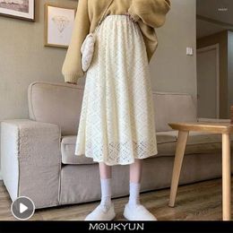 Skirts MOUKYUN Sweet Women Lace Ankle-length High Waist Skirt Ladies Loose Casual Retro Soft Korean Streetwear Trendy All-match