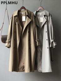 Khaki Double Breasted Long Trench Coats Women Casual Loose Korean Gabardina Lapel Classic Oversized Windbreaker Jackets240228