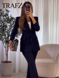 Suits TRAFZA Women Two Piece Skirt Suits Blazer Navy Blue Jacket Single Button Split Skirt Sets Office Business Female Suit Outfits
