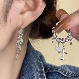 Hoop Earrings Trendy Cross Tassel For Women Twisted C-Shaped Blue Opal Personality Matal Circle Y2K Accessories Fashion Jewelry