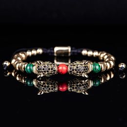 Trend Braiding Pave CZ Double Leopard Head Enamel Green Red Bracelet Stainless Steel Men Jewelry pulseras mujer 240219