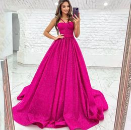 Shiny Hot Fuchsia Prom Dress 2024 Spaghetti Straps Sleeveless Sweetheart Sequined Evening Formal Party Gala Gowns Robe De Soiree