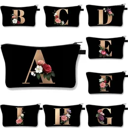 Cosmetic Bags Letter Flower Pattern Bag A-Z Makeup Women Travel Bridesmaid Gift Ladies Portable Case Beauty