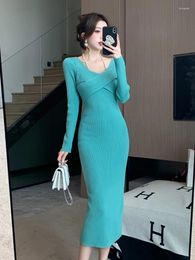 Casual Dresses Women Solid Long Sweater Dress Knitting Bodycon V-Neck Sleeve Slim Sexy 2024 Autumn Winter G117