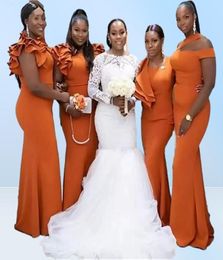 2022 Burnt Orange Mermaid Bridesmaid Dresses Long Black Girl Bridesmaid Dress Ruffles Elastic Satin Wedding Party Plus Size Maid O7387328