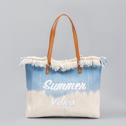 Embroidered Tote Tassel Canvas Bag with Magnetic Buckle Underarm Spring/Summer Beach Shoulder Bag