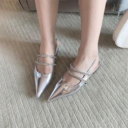 Sandals Crystal Strap Pointed Toe Covered Back Stap Slingback Hollow Flat Lift Women Shoes Saltos Alto Femininos