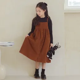 Girl Dresses Girl's Retro Corduroy Suspenders Dress Autumn Korean Children Casual Loose College Style Pleated Buttons Sling Long