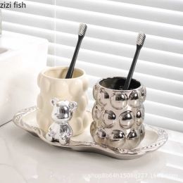 Holders Ceramic Mouthwash Cup Set Brushing Cup Couple Wash Cup Bathroom Supplies Toiletries Bathroom Tumblers Toothbrush Cup Bear Tray