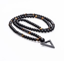 New Design Long Necklace 8MM Tiger Stone Bead Black Men039s Hematite Triangle Pendants Necklace Fashion Geometry Jewellery Gift9389042