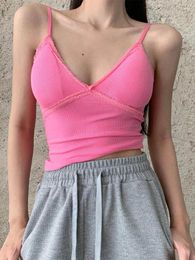 Women's Tanks Girls Lace Strap Tank Top With Chest Pads Sexy V-neck Solid Wrap Women Sling Suspender Y2K Crop Slim Fit Outer Bra