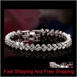 Tennis Luxury Austria Shining Crystal Bracelets Genuine 925 Sterling Silver Charms Bracelet Zircon Diamond Roman Tennis Link Brace297L