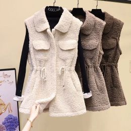 Equipment 2022 Autumn Winter Lamb Wool Vest Women Adjustable Waist Sleeveless Coat Female Front Pockets Zipper Waistcoat Warm Outwear